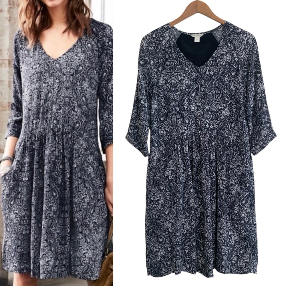 Garnet Hill Dress Gathered Drop Waist V-Neck Paisley Pockets Blue Women’s Size 2